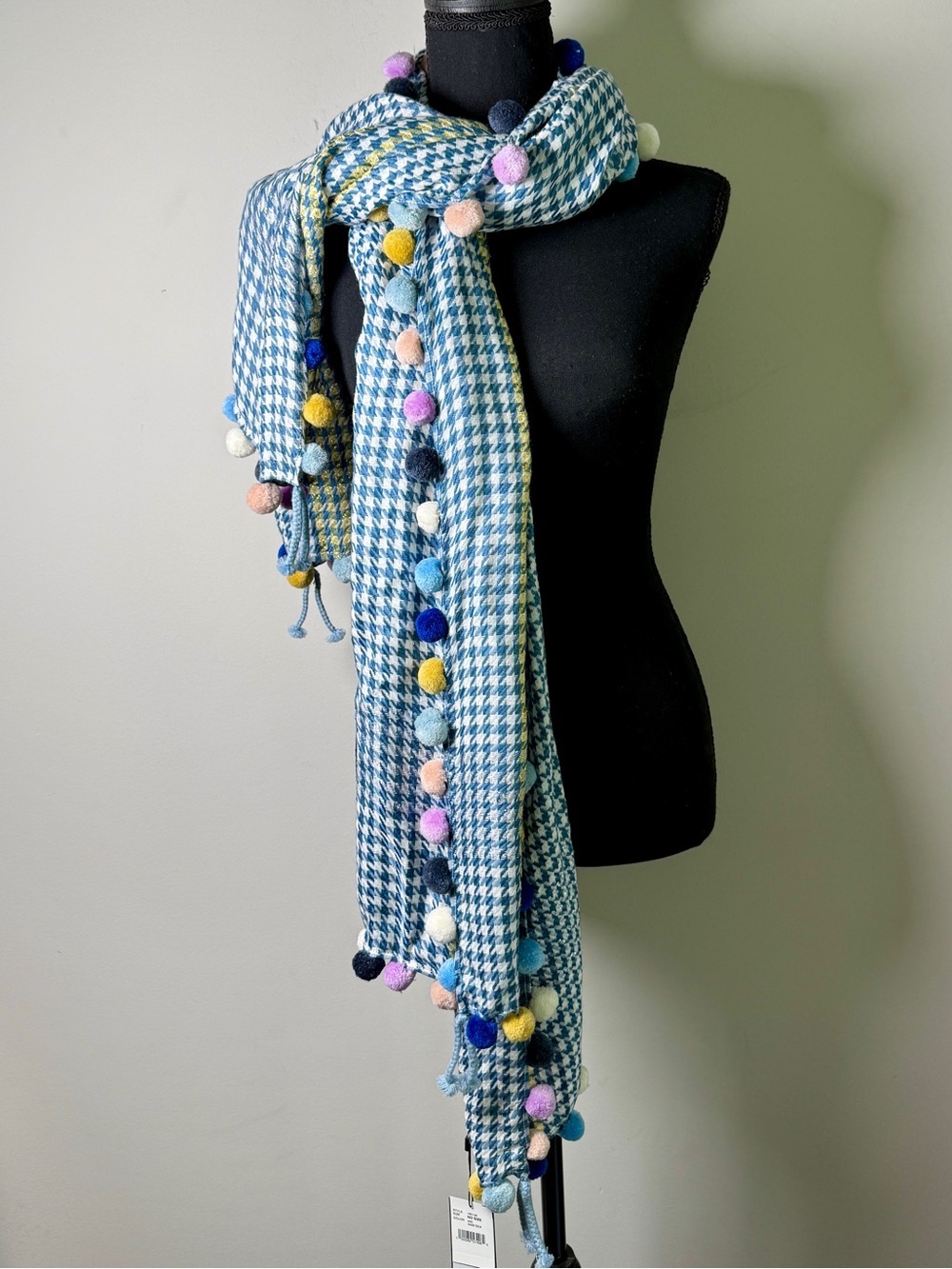 NWT Jane Carr “The Jazz Scarf” Houndstooth Pom-Pom Wrap | Sea Blue & Gold Lurex